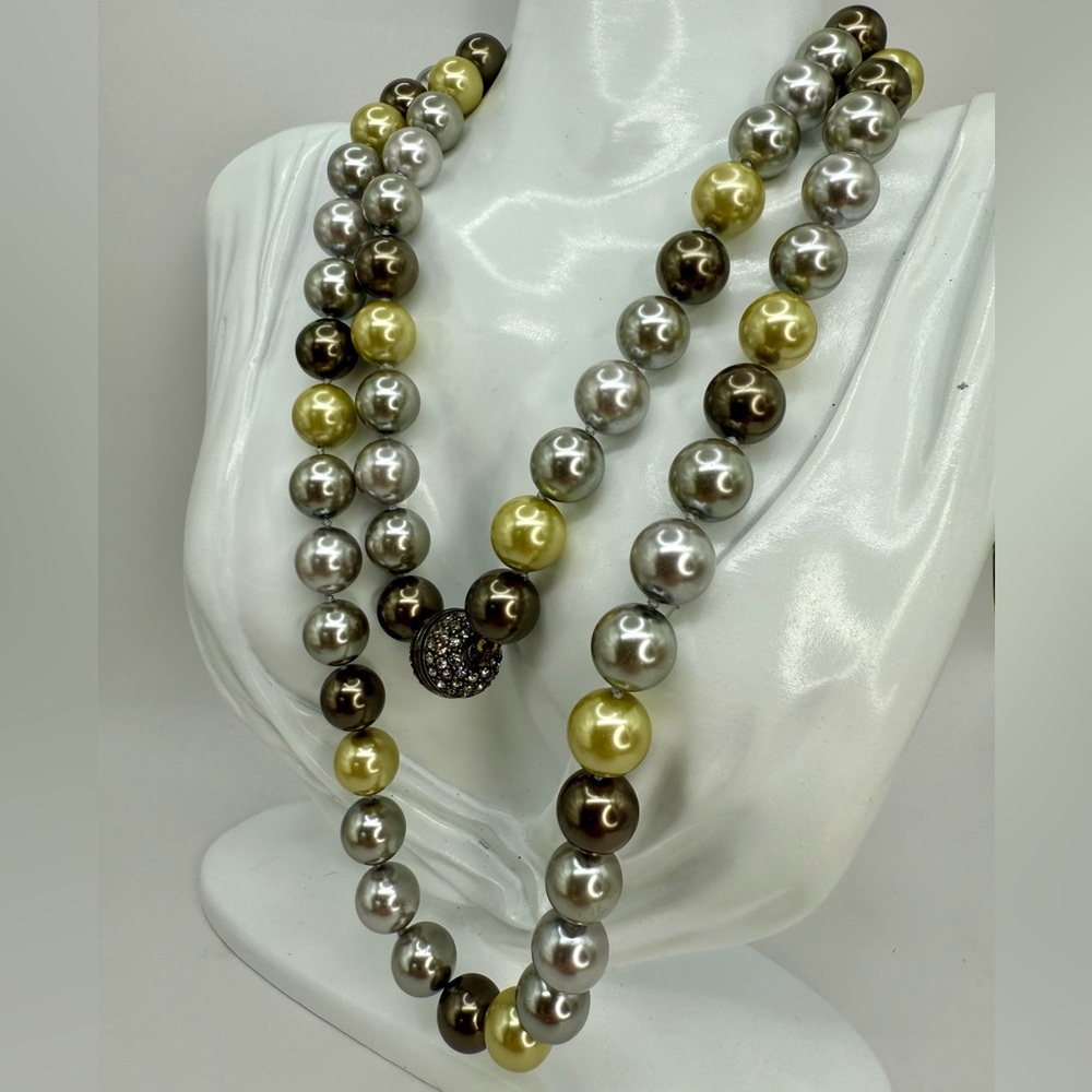 Heidi Daus Faux Pearl Necklace 36” — Multi-Tone Double Strand w Pave Screw Clasp - Picture 11 of 17